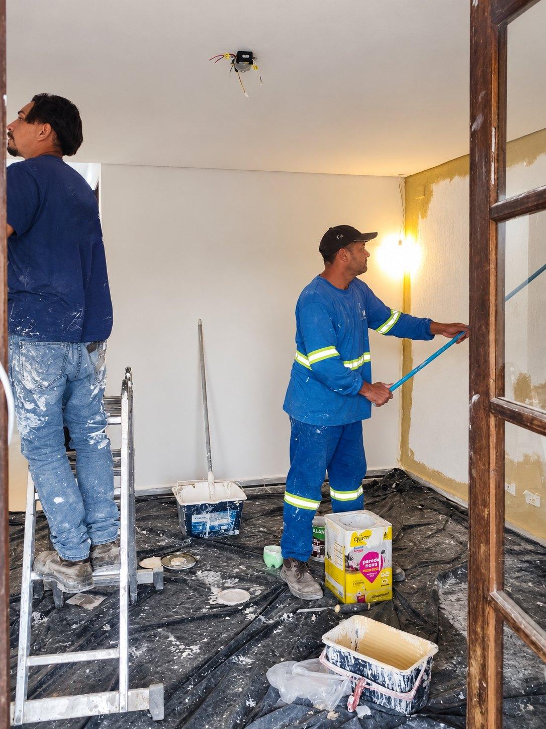 Profissional da MATECH pintando a parede de uma sala com rolo, com o piso protegido por lona