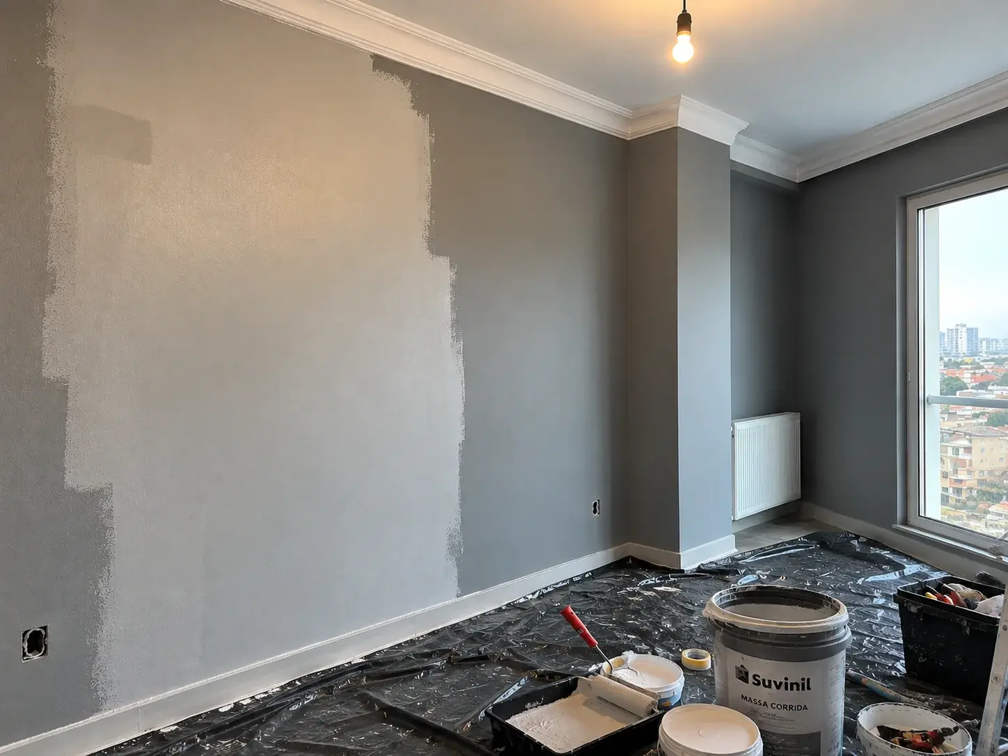 Parede em pintura com o piso protegido por lona, rolo, bandeja e balde de massa corrida